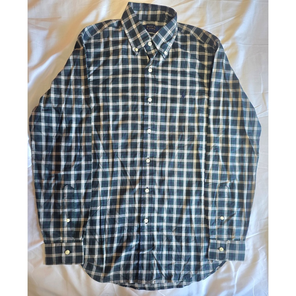 Polo Ralph Lauren Classic Fit Blue Green White Plaid Long Sleeve Shirt Men's Sm